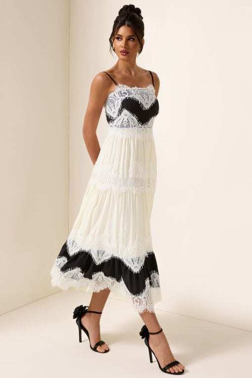 Lace Splicing Square Neck Midi Dress