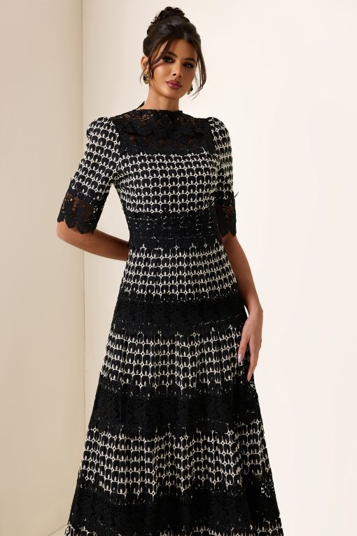 Lace Embroidery Short Sleeve Midi Dress