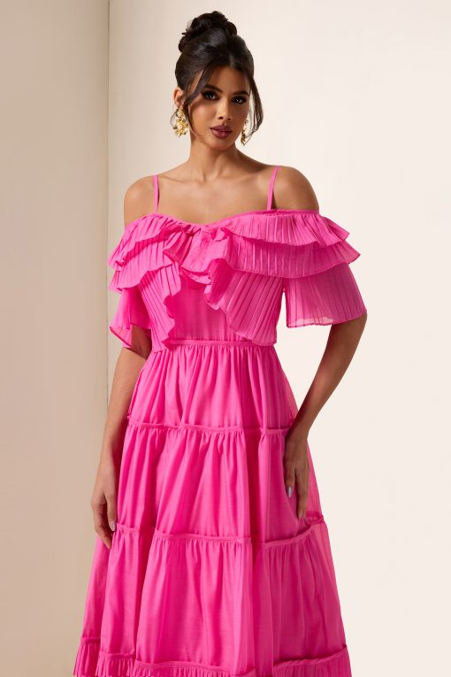 Solid Ruffle Pleat Midi Dress