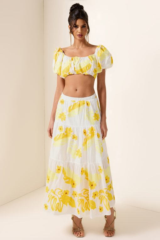 Embroidery Off-Shoulder Top & High Waist Midi Dress Set