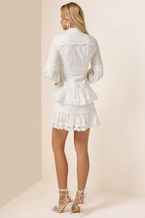Solid Lace Ruffle Lantern Sleeve Mini Dress