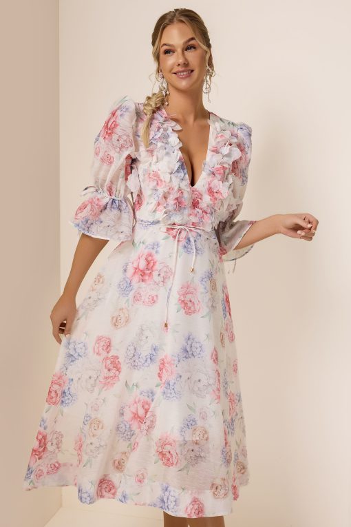 3D Flower Floral Lantern Sleeve Midi Dress