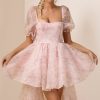 Floral Puff Sleeve Square Neck Mini Dress