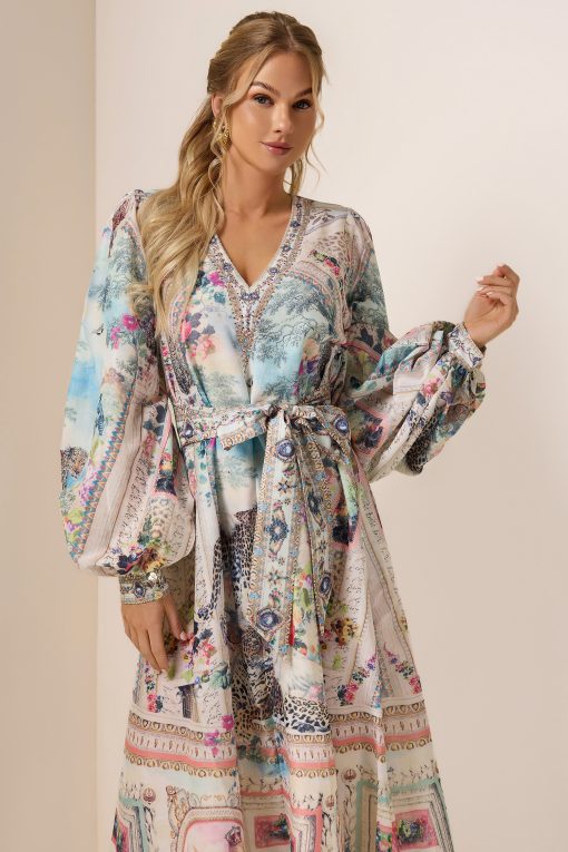 Rhinestone Floral V-Neck Midi Dress