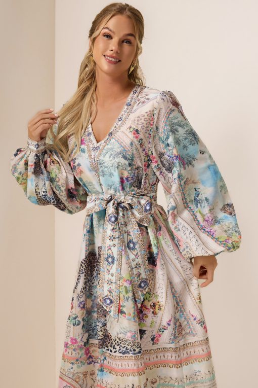 Rhinestone Floral V-Neck Midi Dress