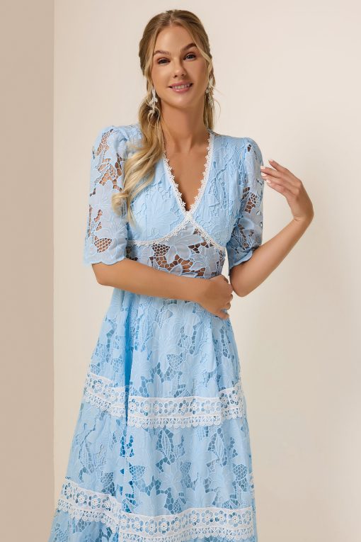 Lace Splicing V-Neck Midi Dress