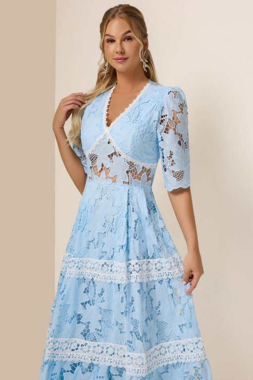 Lace Splicing V-Neck Midi Dress
