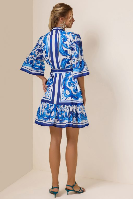Paisley Print Bell Sleeve Mini Dress With Belt