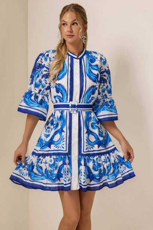 Paisley Print Bell Sleeve Mini Dress With Belt