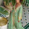 Floral Long Sleeve V-Neck Drapped Midi Dress Green