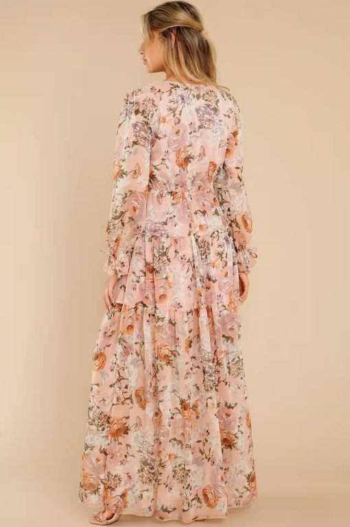 Floral Puff Sleeve V-Neck Ruffle Hem Maxi Dress White