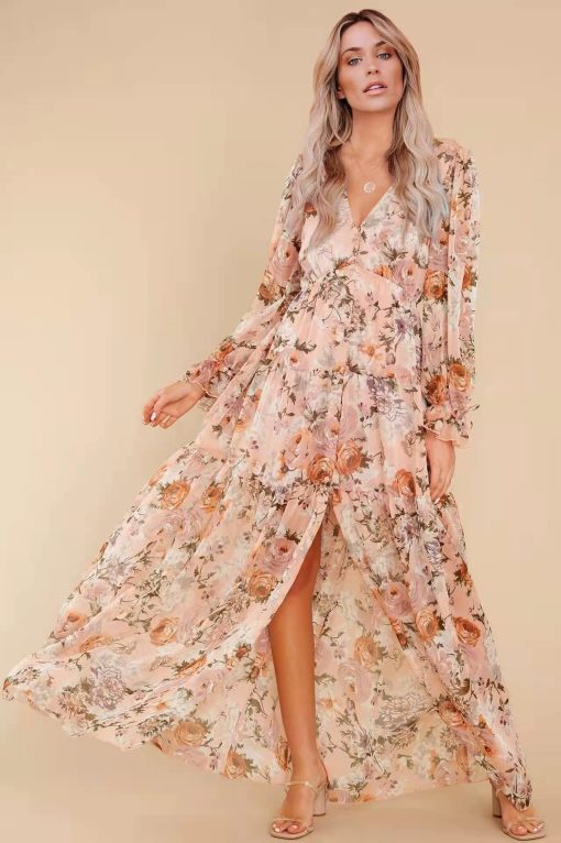Floral Puff Sleeve V-Neck Ruffle Hem Maxi Dress White