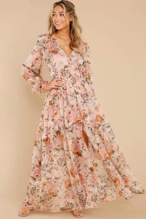 Floral Puff Sleeve V-Neck Ruffle Hem Maxi Dress White
