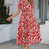 Floral Puff Sleeve Lace Up Backless Midi Dress