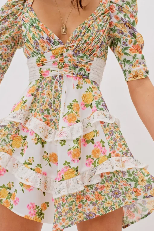 Floral V-Neck Puff Sleeve Ruffle Hem Mini Dress Yellow