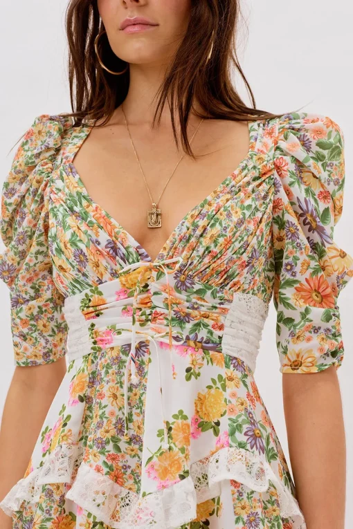 Floral V-Neck Puff Sleeve Ruffle Hem Mini Dress Yellow
