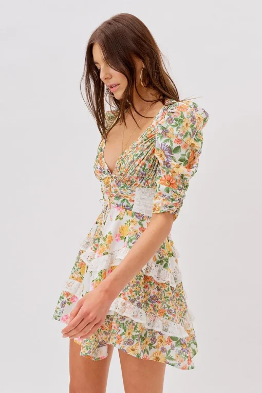 Floral V-Neck Puff Sleeve Ruffle Hem Mini Dress Yellow