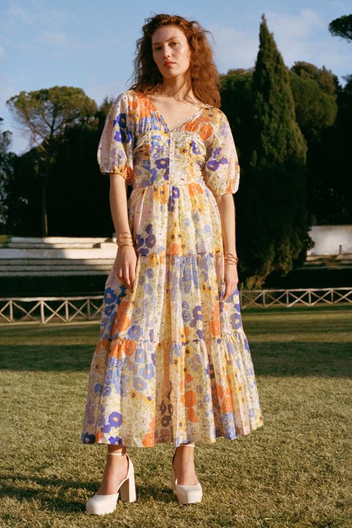 Floral Puff Sleeve V-Neck Maxi Dress
