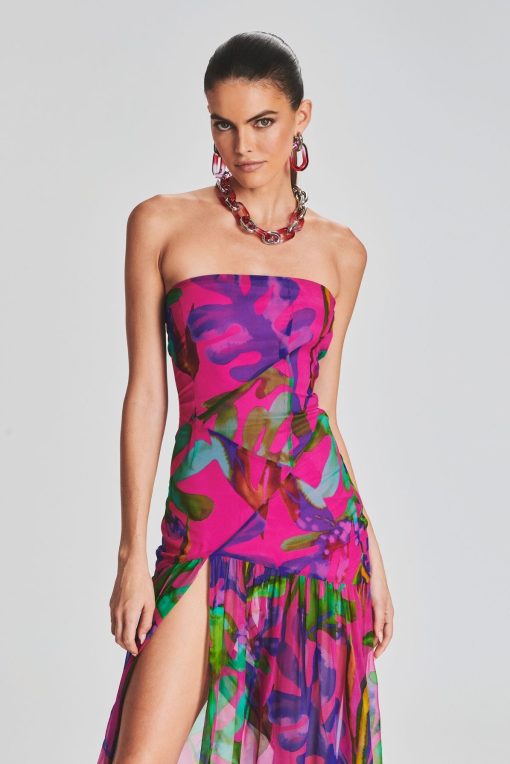 Floral Tube Top Slit Backless Maxi Dress