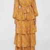 Floral Lantern Sleeve Stand Collar Belted Tiered Ruffle Trim Maxi Dress
