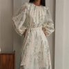 Floral Lantern Sleeve Crew Collar Lace Up Midi Dress