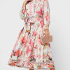Floral Long Sleeve Crew Collar Buttoned Lace Up Midi Dress