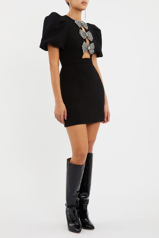 Bow Cut-Out Puff Sleeve Mini Dress