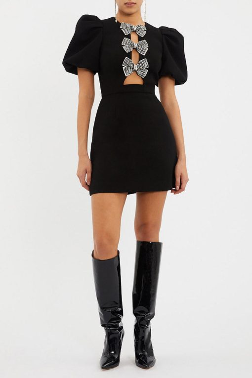 Bow Cut-Out Puff Sleeve Mini Dress