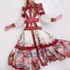 Floral Lantern Sleeve Stand Collar Ruffle Maxi Dress