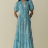 Floral Puff Sleeve Single Breasted Midi Dress