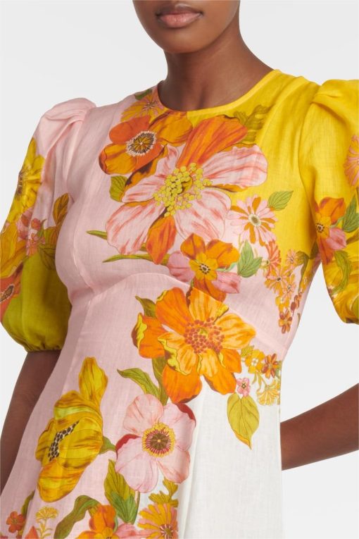 Floral Puff Sleeve Round Neckline Midi Dress