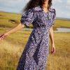 Floral Puff Sleeve Lace Up Frill Midi Dress
