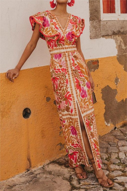Floral V-neck Split Backless Midi Dress