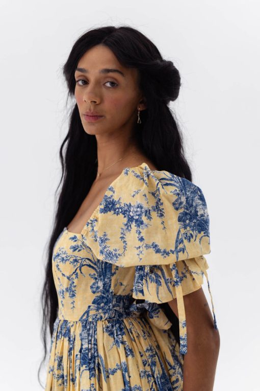 Floral Square Collar Puff-Sleeve Midi Dress
