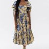 Floral Square Collar Puff Sleeve Midi Dress