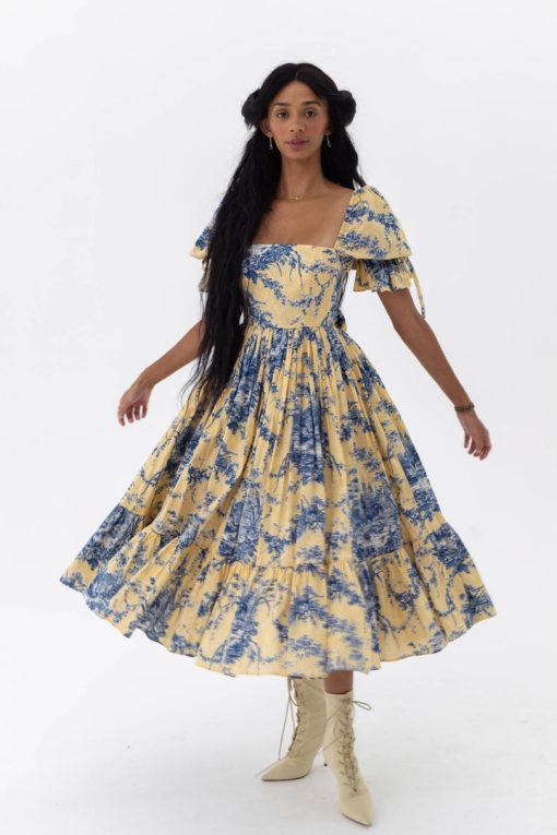 Floral Square Collar Puff-Sleeve Midi Dress