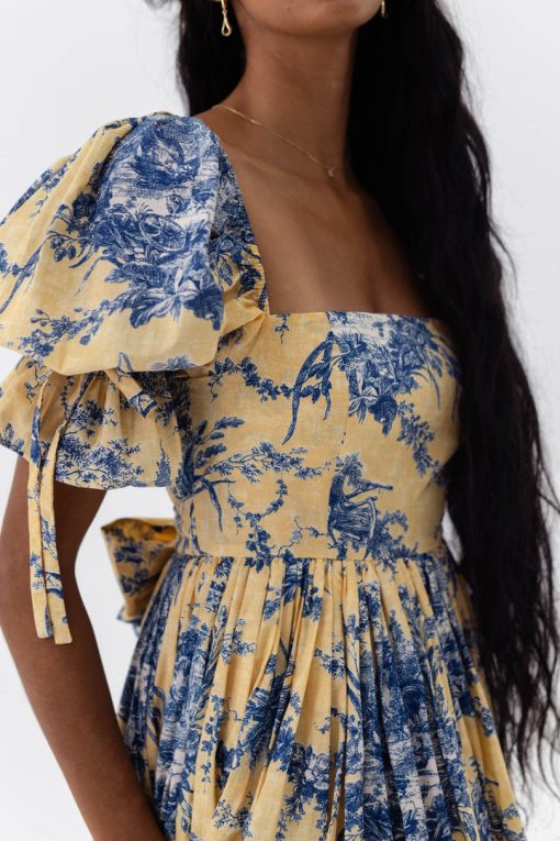Floral Square Collar Puff-Sleeve Midi Dress