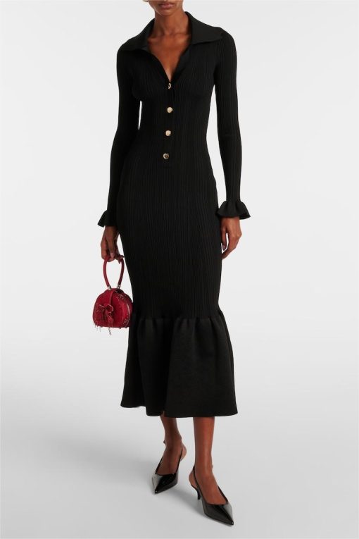 Jersey Solid Button Mermaid Midi Dress