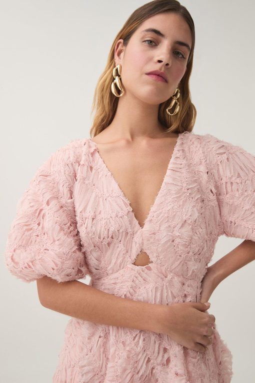 V-Neck Puff Sleeve Cut Out Midi Dress