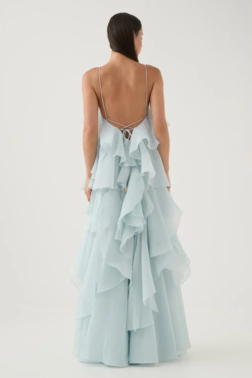 3D Flower Halter Neck Frill Maxi Dress