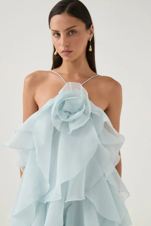 3D Flower Halter Neck Frill Maxi Dress