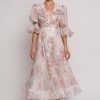 3D Flower Floral Lantern Sleeve Midi Dress