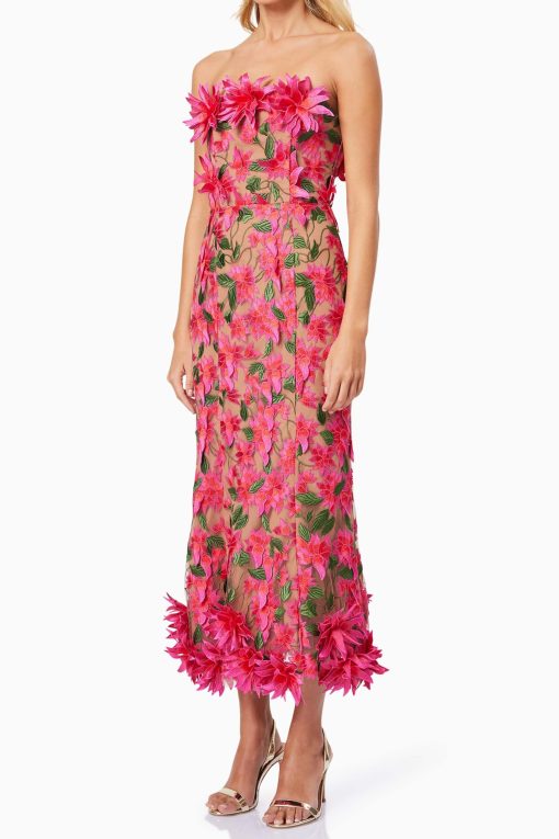 Embroidered 3D Flower Off Shoulder Midi Dress