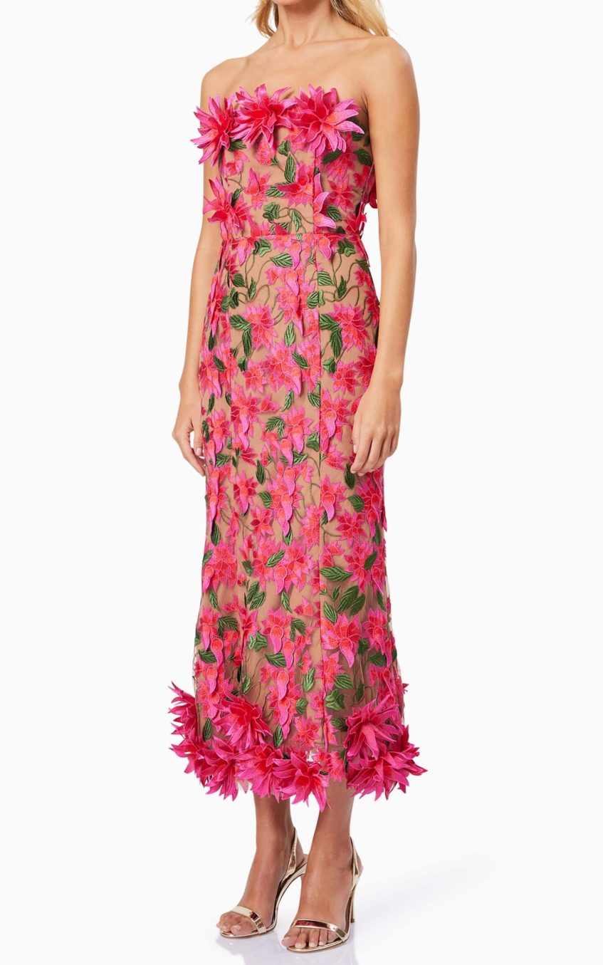 Embroidered 3D Flower Off Shoulder Midi Dress