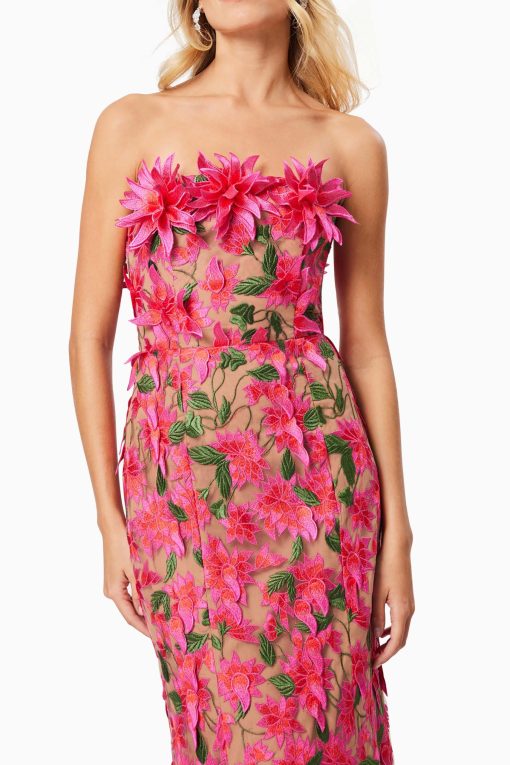 Embroidered 3D Flower Off Shoulder Midi Dress