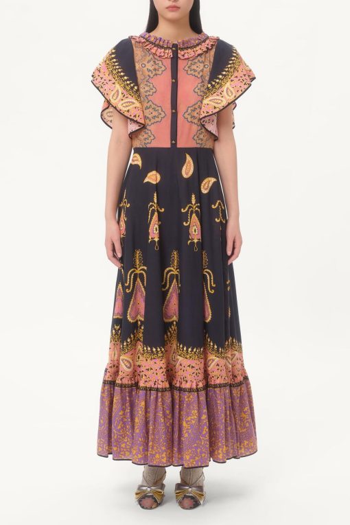 Paisley Print Frill Bell Sleeve Midi Dress