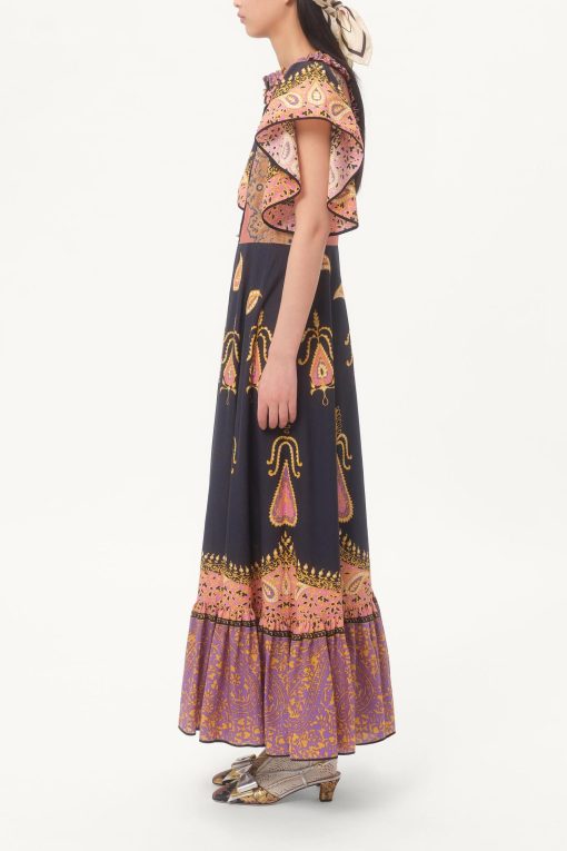 Paisley Print Frill Bell Sleeve Midi Dress