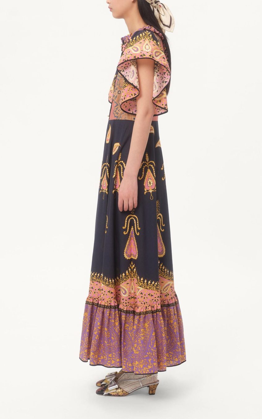 Paisley Print Frill Bell Sleeve Midi Dress