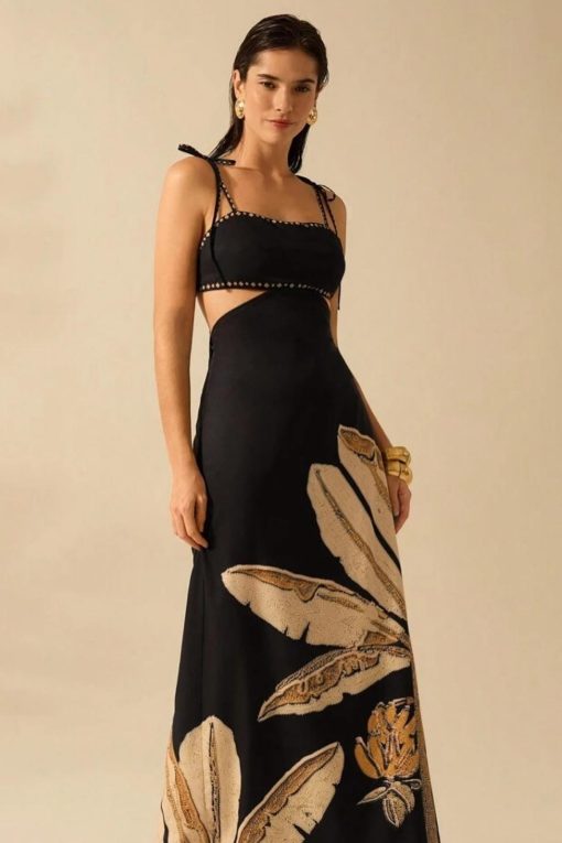 Botanical Print Lace-Up Slip Midi Dress