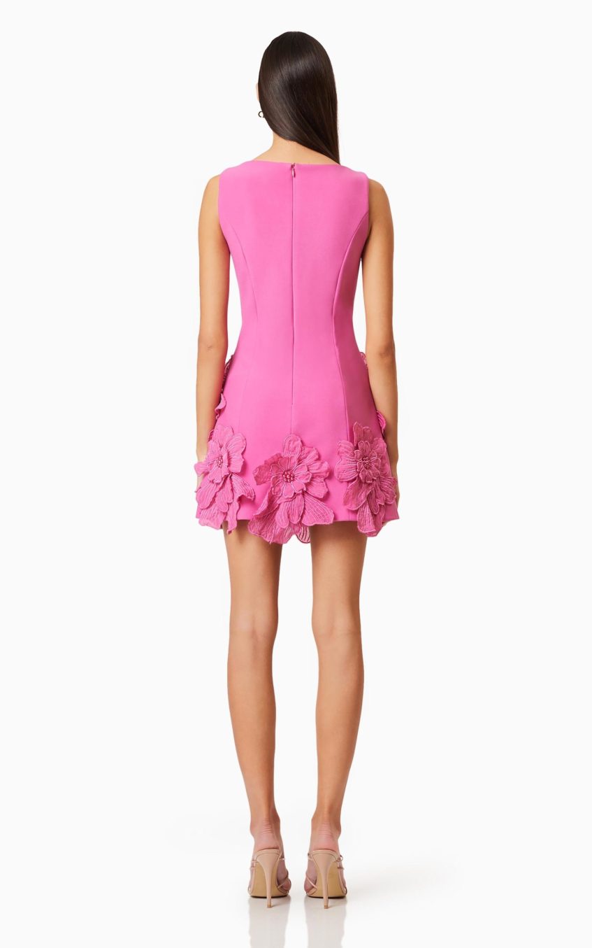 3D Flower Solid Round Neck Mini Dress